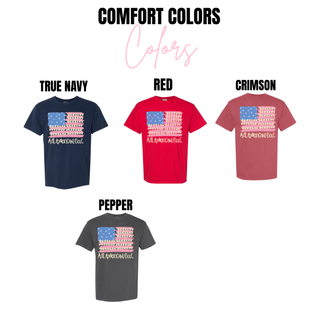 All American Girl Comfort Colors tee color options in true navy, red, crimson, and pepper