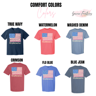 All American Girl Comfort Colors tee color swatches in true navy, watermelon, washed denim, crimson, flo blue, and blue jean