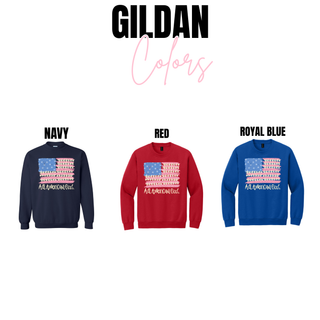 All American Girl Gildan crewneck color options in navy, red, and royal blue