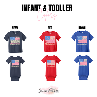 All American Girl infant tee and onesie color options in navy, red, and royal