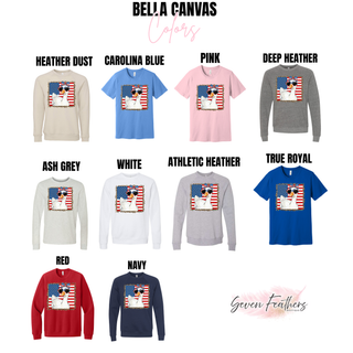 Bella Canvas swatch showing heather dust, carolina blue, pink, deep heather, ash grey, white, athletic heather, true royal, red, and navy