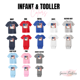 Infant onesie and toddler tee swatch showing navy, red, royal, white, heather grey, light blue, pink, and granite heather
