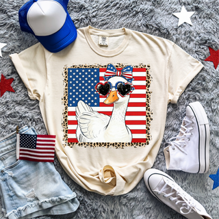  Ivory Comfort Colors tee with patriotic goose American flag leopard border heart sunglasses design front view