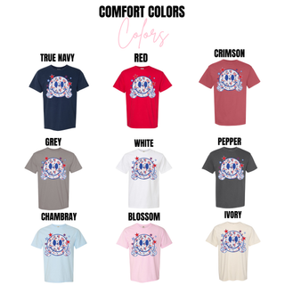 Comfort Colors tee color options for the All American Smiley Top including true navy, red, crimson, grey, white, pepper, chambray, blossom, and ivory

