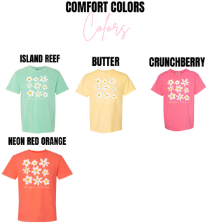 Comfort Colors color chart for All Oopsies No Daisies top showing Island Reef, Butter, Crunchberry, and Neon Red Orange