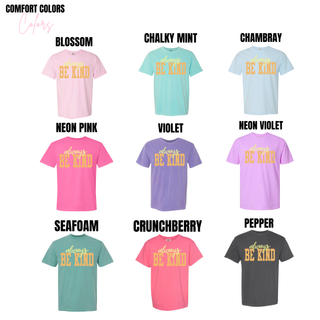 Comfort Colors tee color options in blossom, chalky mint, chambray, neon pink, violet, neon violet, seafoam, crunchberry, and pepper
