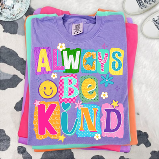 Violet Comfort Colors tee stack with ALWAYS BE KIND colorful daisy pop smiley letter design
