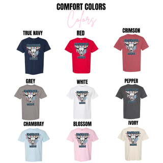 Comfort Colors tee color options for the America Made Bull Skull Top including true navy, red, crimson, grey, white, pepper, chambray, blossom, and ivory
