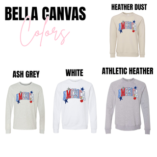 Bella Canvas America patchwork graphic crewnecks and long sleeves in heather dust, ash grey, white, and athletic heather