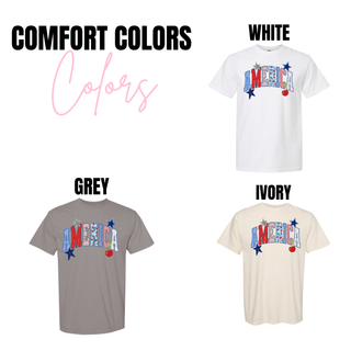Comfort Colors America patchwork graphic tees in white, grey, and ivory