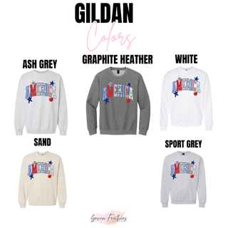 Gildan America patchwork graphic crewnecks in ash grey, graphite heather, white, sand, and sport grey