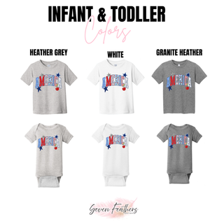 America patchwork graphic infant and toddler tees and onesies in heather grey, white, and granite heather