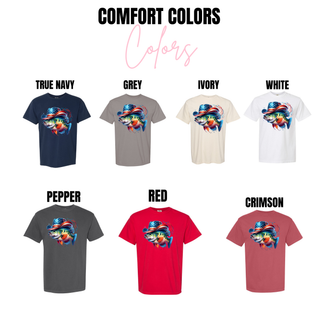 American Bass Shirt design on Comfort Colors tees in true navy grey ivory white pepper red crimson