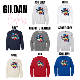 American Bass Shirt design on Gildan crewneck sweatshirts in ash grey white navy graphite heather sport grey sand red royal blue