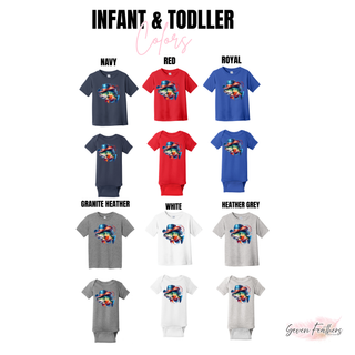 American Bass Shirt design on infant bodysuits and toddler tees in navy red royal granite heather white heather grey