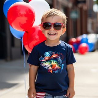 Toddler boy in navy American Bass Shirt with patriotic bass fish wearing American flag cowboy hat smiling with red white blue balloons
