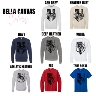 Bella Canvas crewneck sweatshirt and tee color options for the American Flag Bass Fishing Top including ash grey, heather dust, navy, deep heather, white, athletic heather, red, and true royal
