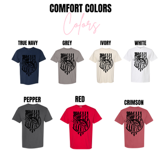 Comfort Colors tee color options for the American Flag Bass Fishing Top including true navy, grey, ivory, white, pepper, red, and crimson
