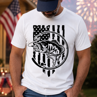 White unisex tee with black American flag bass fishing graphic featuring a jumping bass fish and distressed flag design
