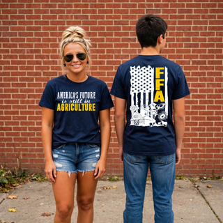 America's Future Is Still In Agriculture Flag Top navy front and back design with American flag and FFA graphic