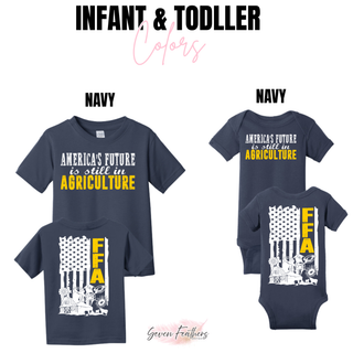 America's Future Is Still In Agriculture Flag Top navy infant bodysuit and toddler t-shirt front and back