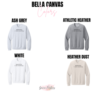 Bella Canvas color chart showing Ash Grey, Athletic Heather, White, and Heather Dust crewnecks