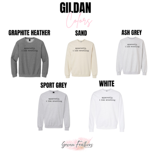 Gildan color chart showing Graphite Heather, Sand, Ash Grey, Sport Grey, and White crewnecks