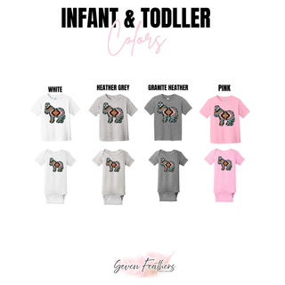 Aztec Show Donkey Top infant onesie and toddler tee color options in white, grey, and pink