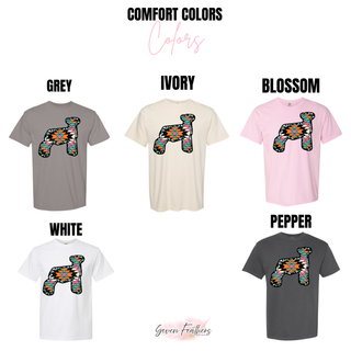 Grey, ivory, blossom, white, and pepper Comfort Colors options for Aztec show lamb top