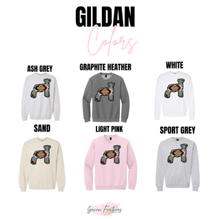 Ash grey, graphite heather, white, sand, light pink, and sport grey Gildan color options for Aztec show lamb top