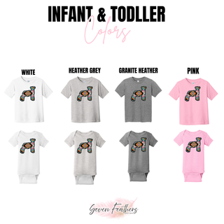 White, heather grey, granite heather, and pink infant and toddler tops with Aztec show lamb graphic