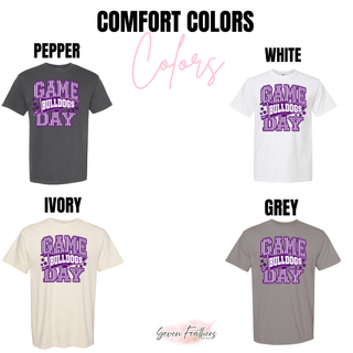 Baldwin Bulldogs Game Day pennant graphic on Comfort Colors tees in pepper, white, ivory, and grey