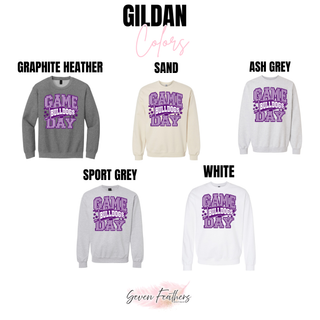 Baldwin Bulldogs Game Day pennant graphic on Gildan tees and sweatshirts in graphite heather, sand, ash grey, sport grey, and white