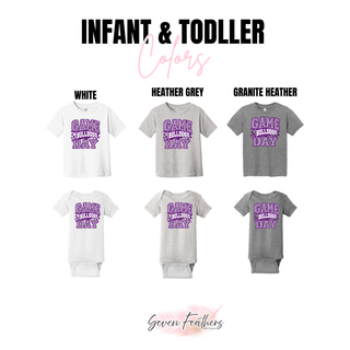 Baldwin Bulldogs Game Day pennant graphic on infant and toddler tees and bodysuits in white, heather grey, and granite heather
