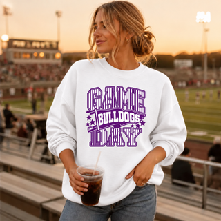White crewneck sweatshirt with purple pinstripe GAME DAY lettering, a BULLDOGS pennant flag, and stars, Baldwin Bulldogs design