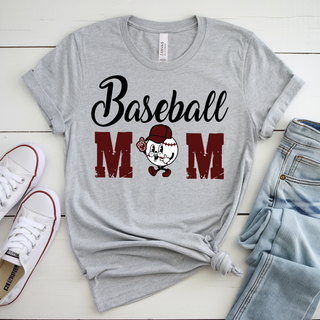 Baseball Mom Maroon Font Top - cursive Baseball MOM lockup with baseball mascot in maroon on a Heather Grey Bella Canvas tee