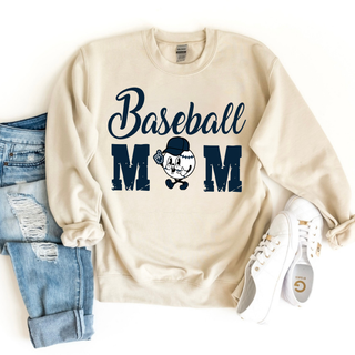 Baseball Mom Navy Font Top - cursive Baseball MOM lockup with baseball mascot in navy on a Sand Gildan crewneck sweatshirt