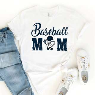 Baseball Mom Navy Font Top - cursive Baseball MOM lockup with baseball mascot in navy on a white tee