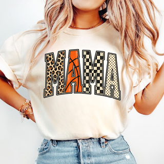 Cream T-shirt featuring patterned MAMA lettering with an orange basketball worked into the lettering.