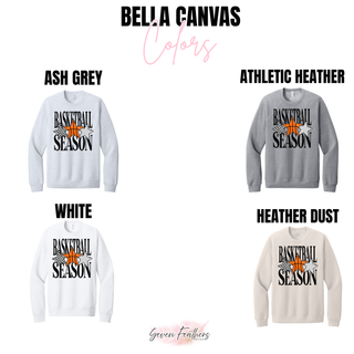 Basketball Season design featuring an orange basketball and two patterned stars on a spirit-wear top.