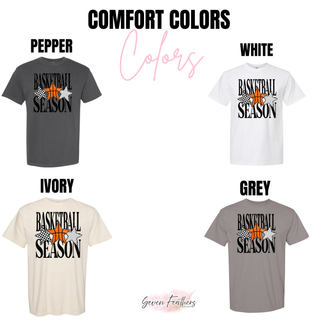Basketball Season design featuring an orange basketball and two patterned stars on a spirit-wear top.