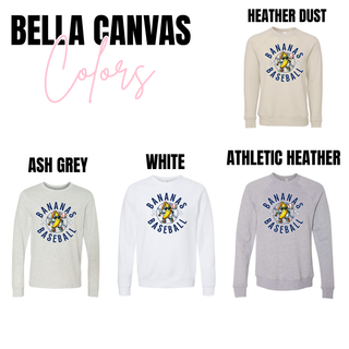Batter Up Banana Circle Bella Canvas crewneck and long sleeve color swatches in heather dust, ash grey, white, and athletic heather