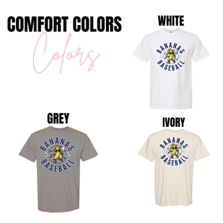 Batter Up Banana Circle Comfort Colors tee color swatches in white, grey, and ivory