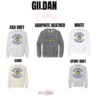 Batter Up Banana Circle Gildan crewneck color swatches in ash grey, graphite heather, white, sand, and sport grey