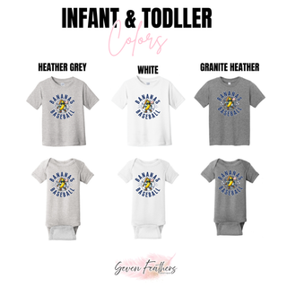 Batter Up Banana Circle infant tee and onesie color options in heather grey, white, and granite heather