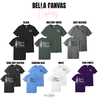 Bella Canvas Bea's Place tee in black, military green, deep heather, dark grey heather, carolina blue, white, and team purple
