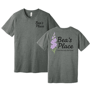 Deep heather tee showing front and back with Bea's Place logo on chest and gladiolus graphic with care that feels like home
