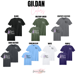 Gildan Bea's Place logo tee in black, military green, graphite heather, dark heather, carolina blue, white, and purple
