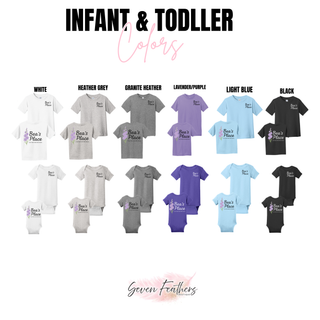 Bea's Place infant toddler tee and onesie colors: white, heather grey, granite heather, lavender, light blue, and black
