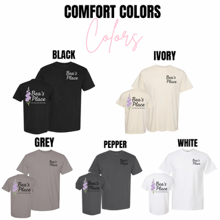 Bea's Place Floral Logo Comfort Colors Top in black, ivory, grey, pepper, and white with front and back prints